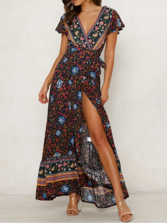 Aly Daly Dresses & Skirts - Bohemian Floral Wrap Maxi Dress - Black Floral